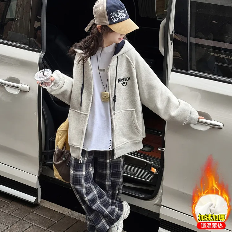 女童加绒外套2025秋冬新款女大童宽松连帽笑脸休闲秋装女孩上衣潮