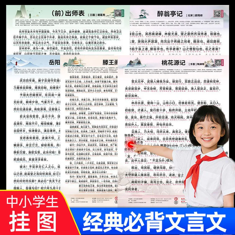 小学生初中必背古诗词和文言文挂图出师表滕王阁序桃花源记拼音版