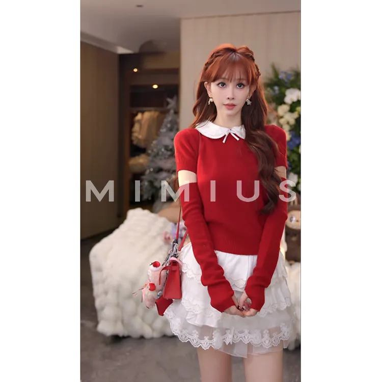 【mimius】P 娃娃脸蕾丝拼接短袖针织衫+袖套 汉服 WH01042
