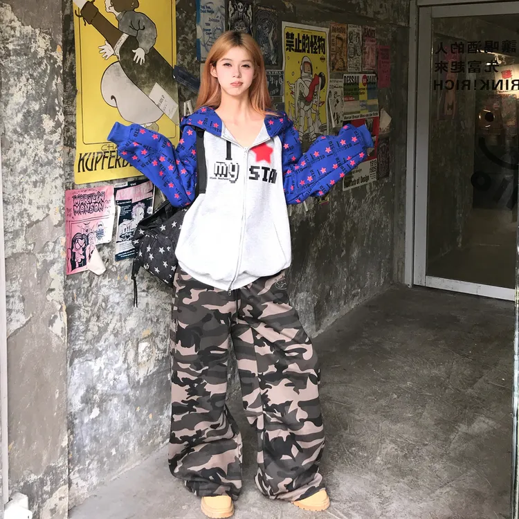 Holocene美式复古星星撞色印花连帽卫衣外套女秋季宽松开衫外套