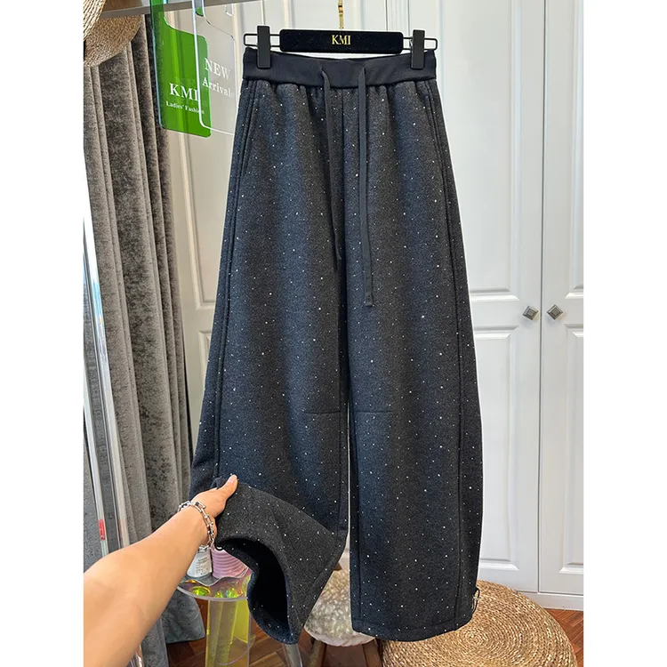 胖妹妹240斤大码韩系重工烫钻加绒加厚阔腿裤女秋冬显瘦休闲裤子