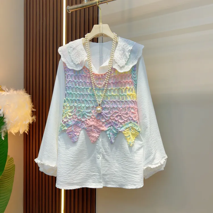 2025早春气质彩虹针织马甲+娃娃领衬衫套装