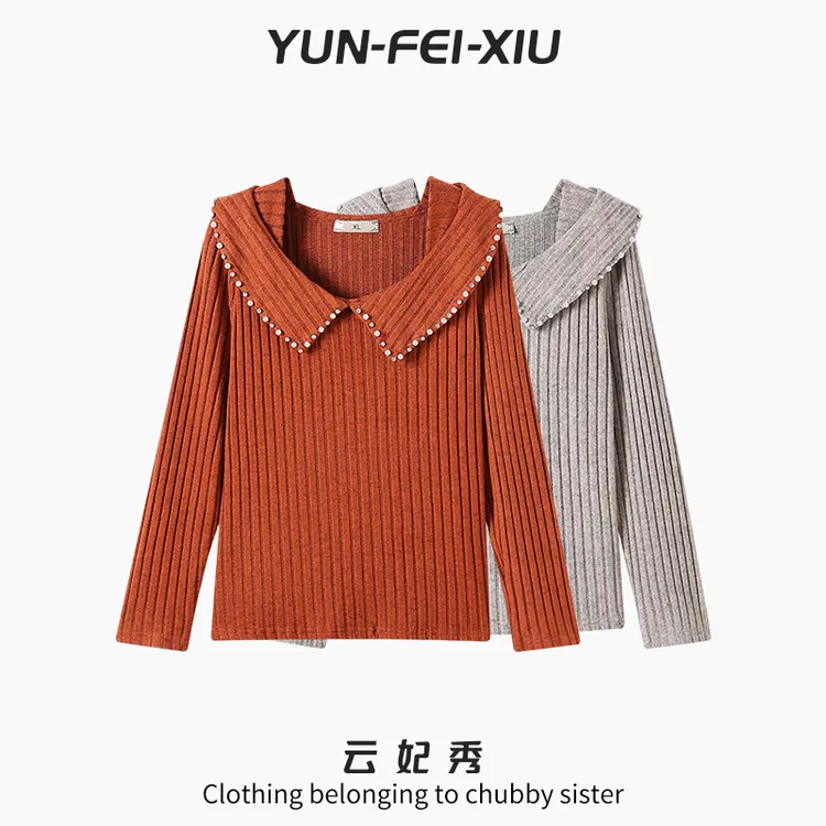 云妃秀大码女装针织衫大翻领坑条纹理时尚宽松显瘦胖妹妹冬25001