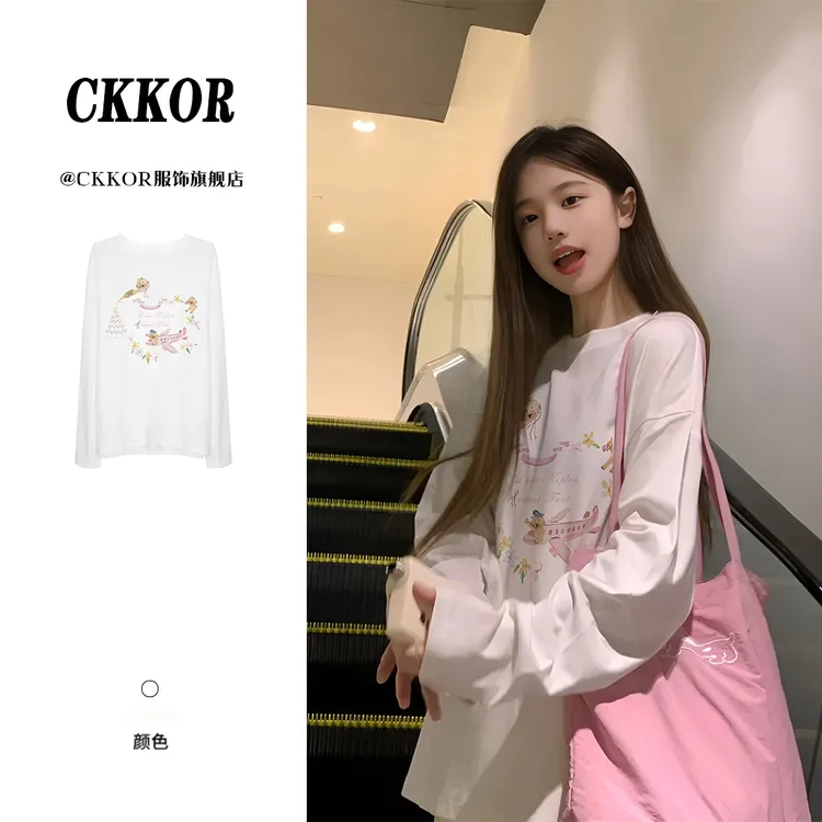 CKKOR早秋新款圆领长袖t恤女休闲简约学院风别致印花韩系宽松上衣