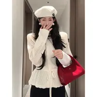 法式白色镂空设计感抽绳绑带超好看上衣长袖针织衫女B130