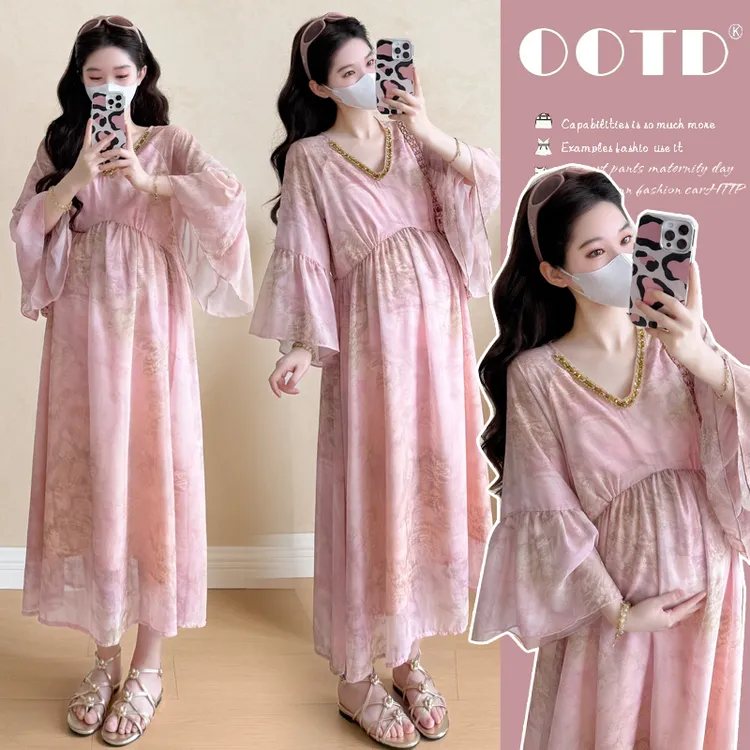 孕妇装夏季新款洋气时尚重工钉珠温柔度假风宽松显瘦甜美连衣裙子