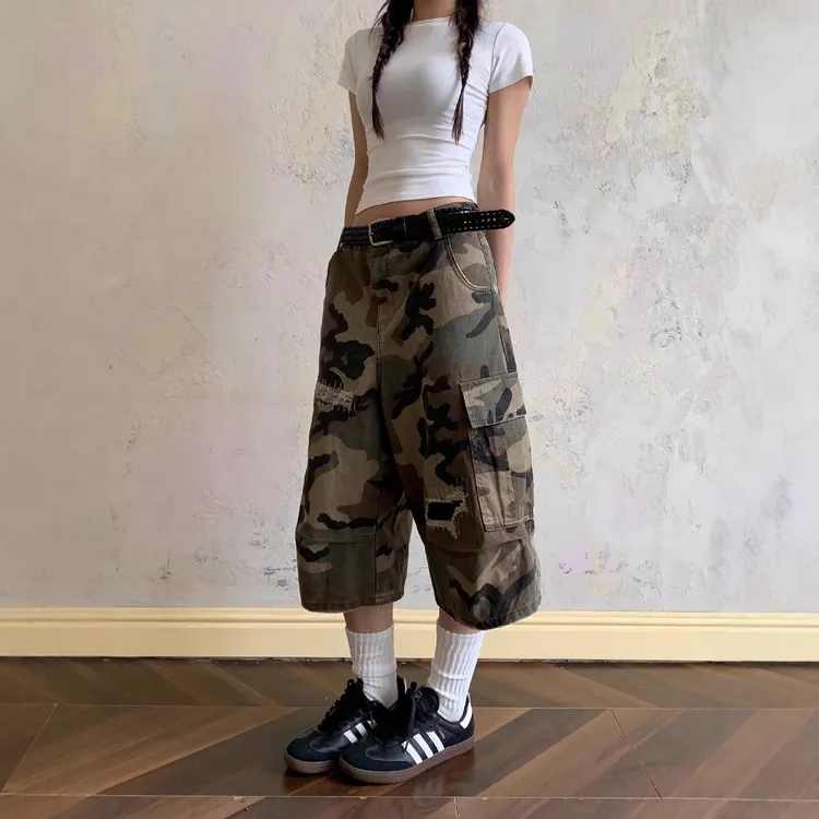 美式街头vibe夏季破洞迷彩牛仔裤新款宽松休闲男女直筒七分裤子