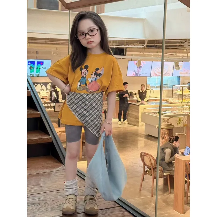 韩版女童夏季2025夏季新款卡通宽松印花短袖上衣运动短裤三件套潮