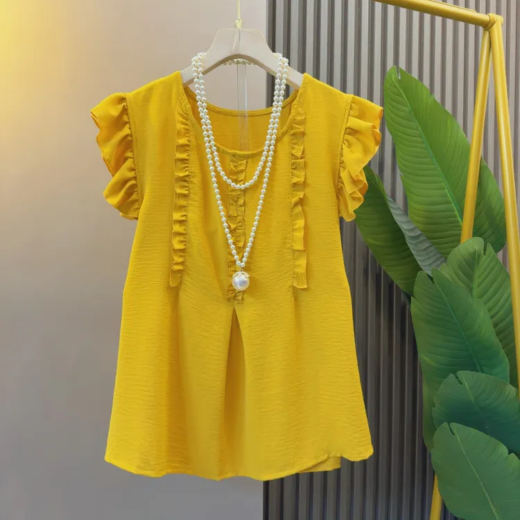 网红超火时髦飞飞袖褶皱木耳边小众T恤衣长64左右