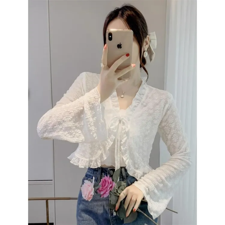 夏季薄款小披肩罩衫外搭配吊带裙子雪纺花边上衣短款开衫外套