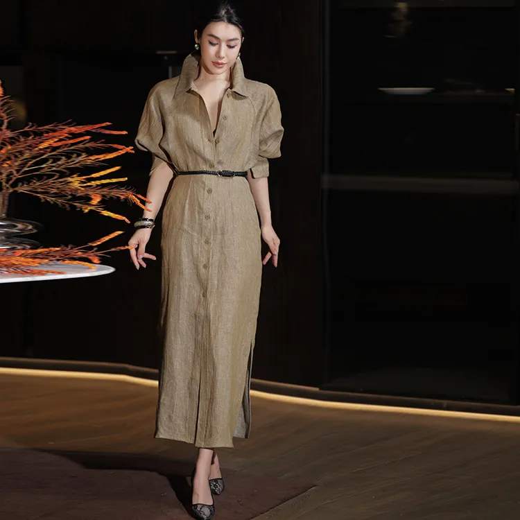 法式优雅蝙蝠袖气质开扣亚麻质感翻领开叉衬衫式长裙连衣裙春夏女