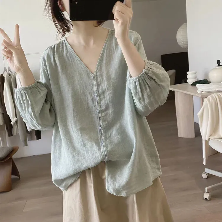 灯笼袖衬衫女式夏季新款宽松开衫显瘦减龄七分袖v领仿麻防晒上衣