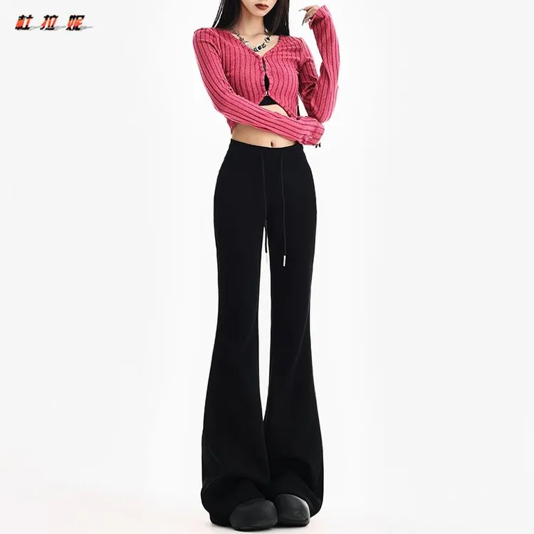 杜拉妮美式微喇叭卫裤女士初秋新款抽绳修身休闲加长低腰运动裤