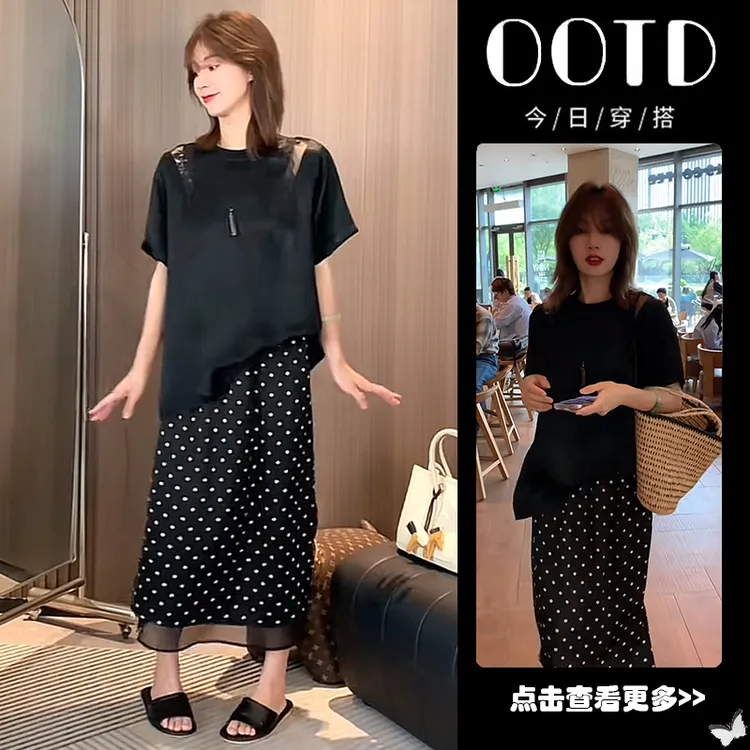 超火夏季穿搭一整套女2025新款百搭镂空短袖T恤波点半身裙两件套