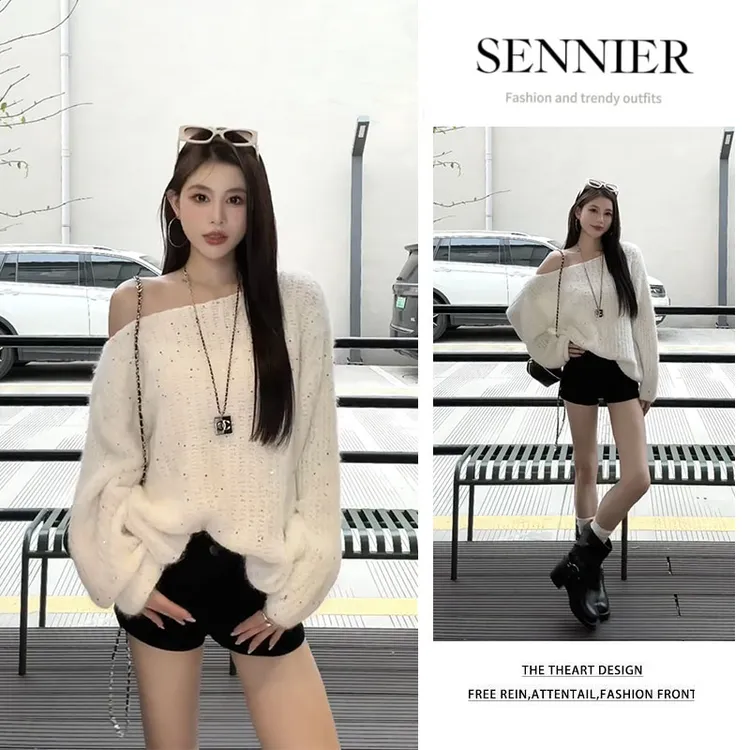 韩系穿搭2025夏季新款百搭宽松纯色长袖斜肩毛衣显瘦短裤两件套女