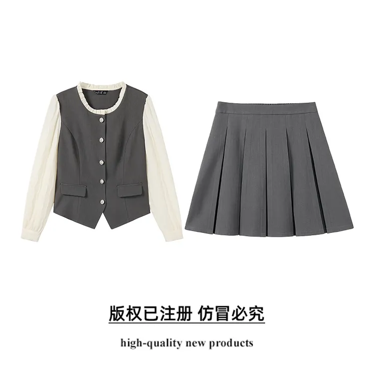 【奢姿】大码女装2025秋季套装裙短款气质花边圆领上衣加半裙套装