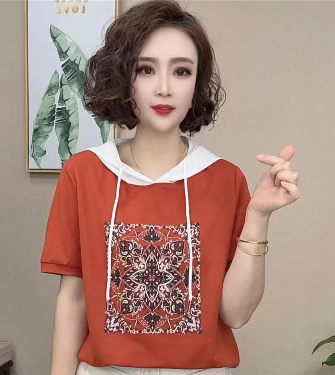 2025新品洋气百搭气质连帽短袖时尚减龄T恤上衣#981