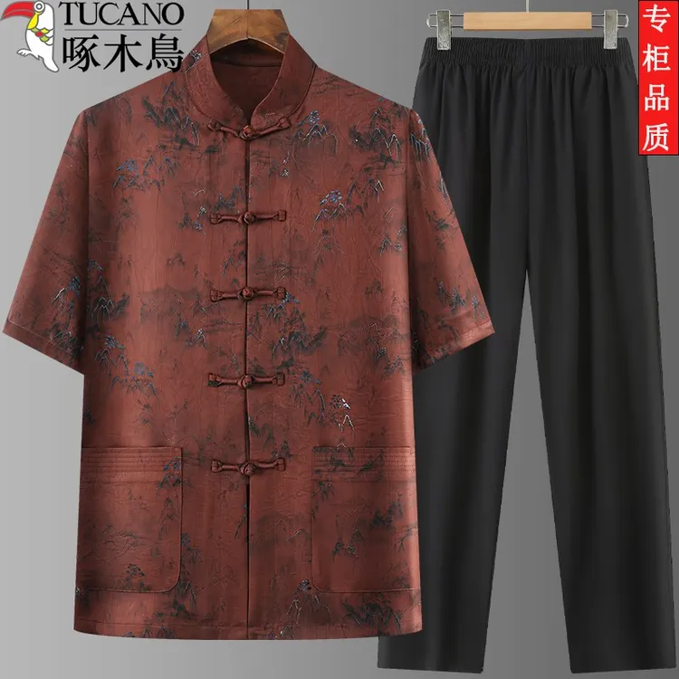 啄木鸟唐装男中老年夏季中国风爸爸装中式盘扣短袖老人服套装薄款