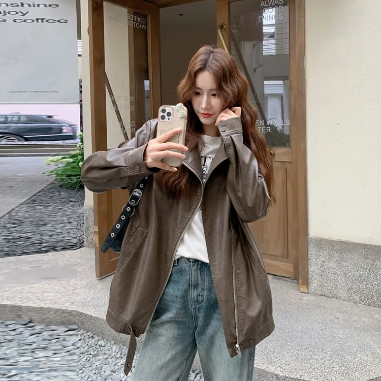美式复古皮衣外套女2025春秋新款小众设计甜酷炸街美拉德咖色夹克