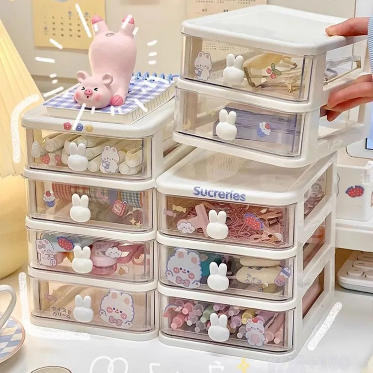 ins风兔子多层透明收纳盒整合文具杂物提升桌面空间宝物