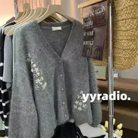 【手工花朵】V领秋冬加厚长袖针织开衫女毛衣气质宽松上衣