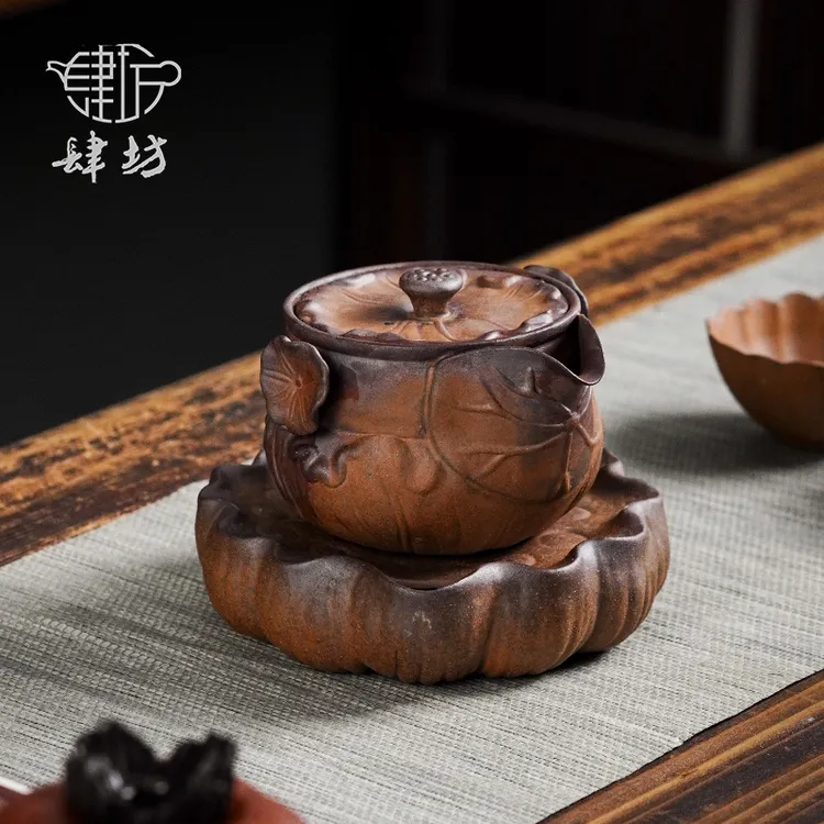 中式复古老岩泥荷叶手抓壶壶承小套组宝瓶蓄水莲蓬壶承茶具茶器
