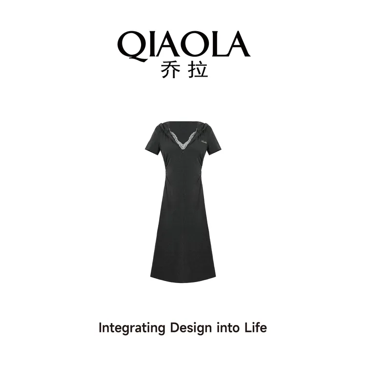 QIAOLA/乔拉【雾色黎明】夏季弹力针织撞色蕾丝休闲连帽连衣裙预售