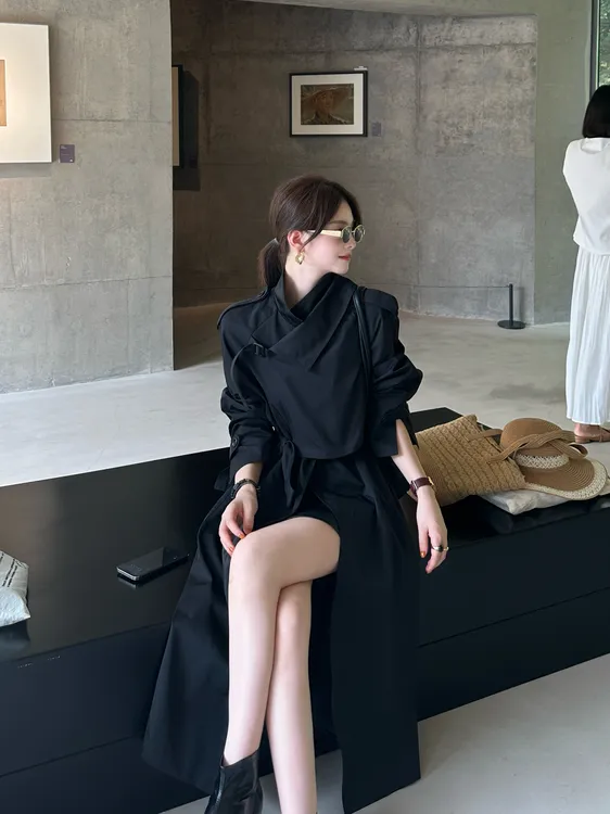 C213187M女系带街头风长款薄款森系风衣外套复古欧美风时尚