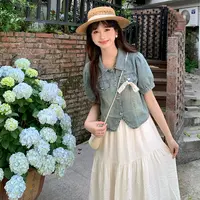 慕兔短袖牛仔衬衫吊带小白裙两件套女2025夏季新款复古小个子套装