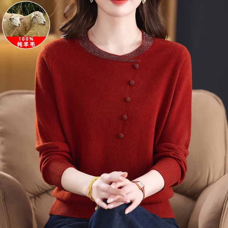 妈妈秋冬洋气100%纯羊毛衫中老年毛衣新款上衣时尚高贵小衫打底衫