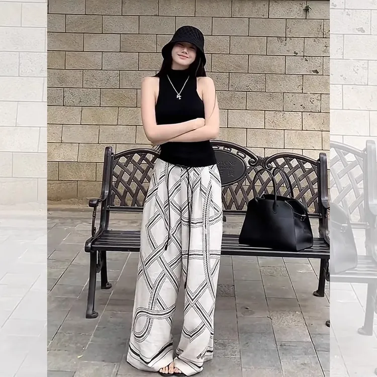 高级感ootd穿搭无袖背心上衣套装裤女夏装搭配条纹阔腿裤两件套装