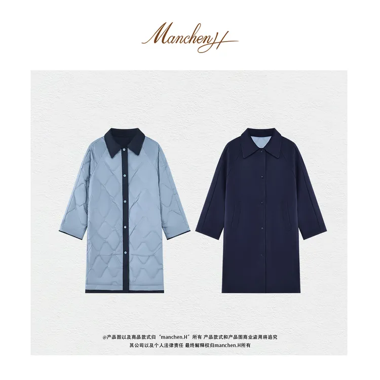 曼辰manchenh"剑桥之遇"高密斜纹中空纱双面穿翻领中长款鹅绒服