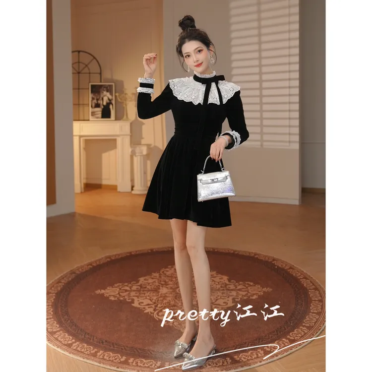 Pretty小众设计师品牌江江定制 法式复古收腰优雅气质连衣裙41136