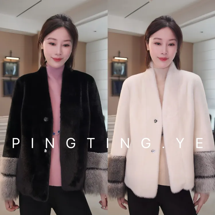 PINGTING.YE法式气质千金感名媛V领环保毛毛一体外套PT4107