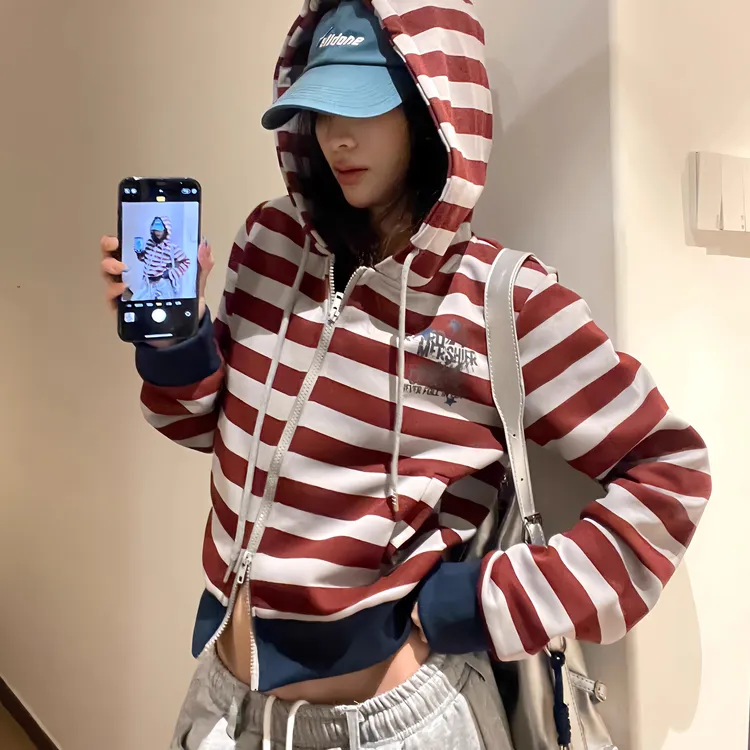 LIUGE 条纹美式连帽开衫卫衣外套女秋季拉链短款正肩上衣宽松休闲