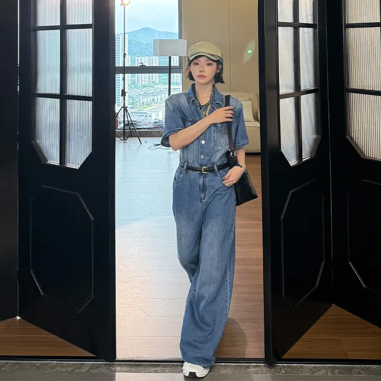 【一只璐甄选】B605复古翻领廓形短袖阔腿直筒连体牛仔套装