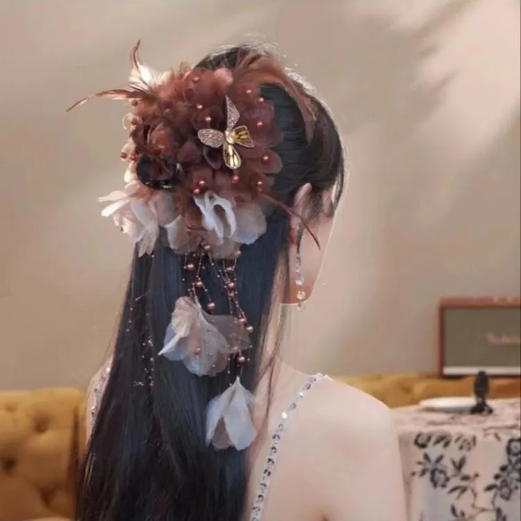 羽毛珠珠流苏抓夹发饰鲨鱼夹后脑勺发夹夸张款超仙汉服大号森系