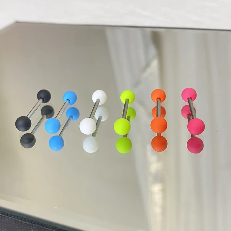 钛钢耳饰 耳钉彩色橡胶钛钢舌钉外螺旋杆粗1.6珠子6mm简约饰品