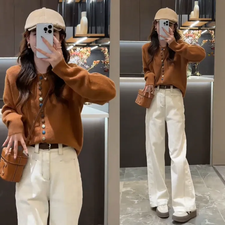 2025年秋季新款气质时尚宽松百搭彩色纽扣圆领针织衫+直筒牛仔裤