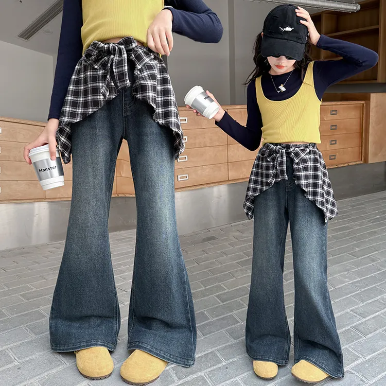 儿童女童屁帘喇叭裤秋款牛仔喇叭裤长裤中大童女童美式长裤秋款