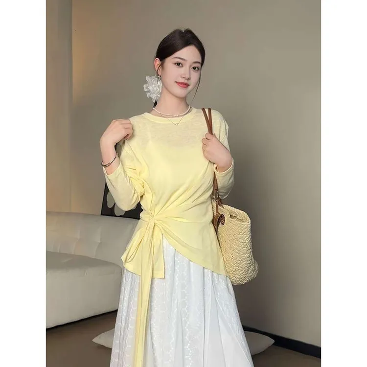 大码女装胖宽松慵懒风夏季薄款防晒罩衫上衣设计感绑带显瘦恤