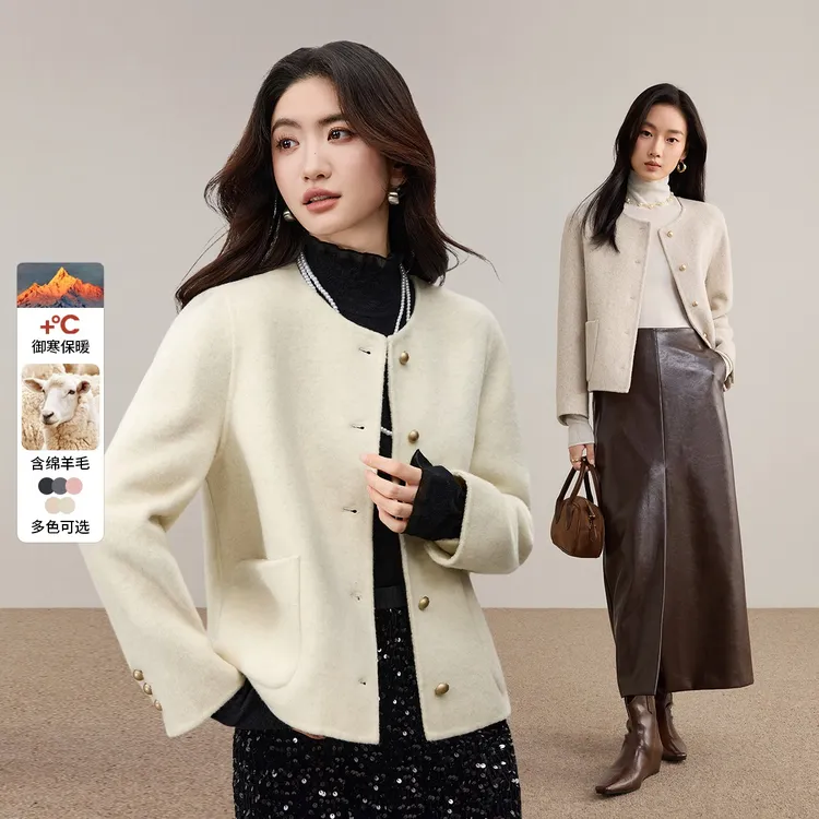 尚都比拉英伦风蘑菇扣短款厚保暖绵羊毛双面呢外套3690X