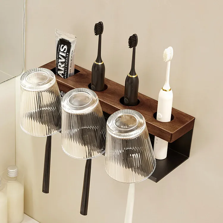 ECHOS 胡桃木牙刷架置物架免打孔卫生间洗手间实木漱口杯收纳架