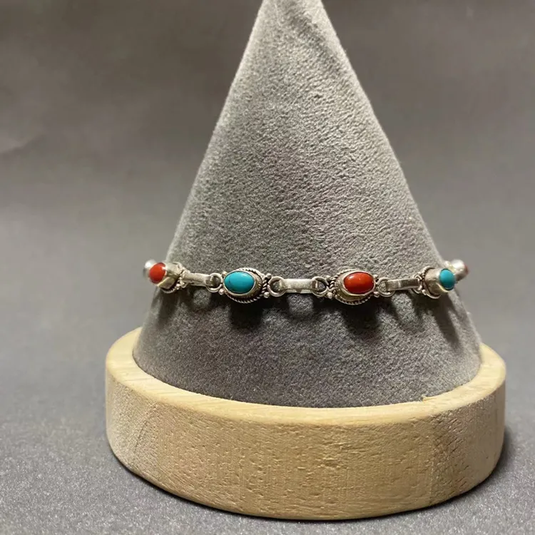 925银手链 彩色复古拉萨发货时尚民族风纯银手链蓝色尼泊尔纯手工