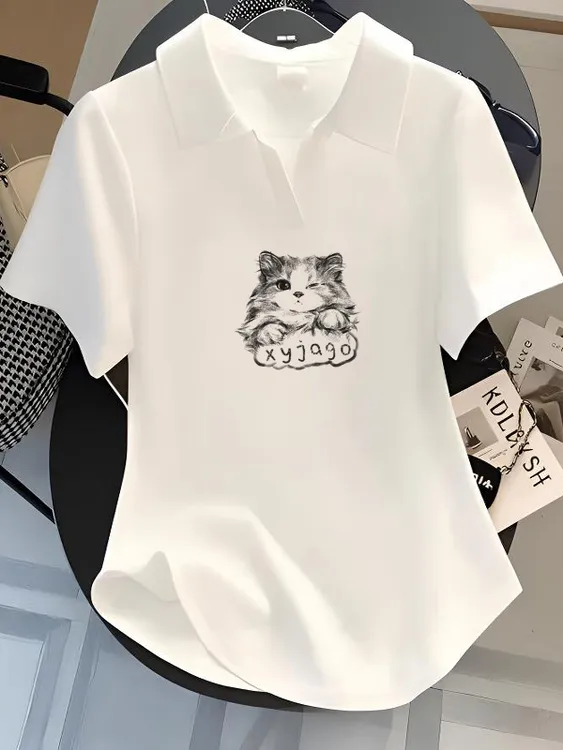 polo领短袖宽松弧形下摆夏季新款欧货设计感上衣翻领t恤女中长款