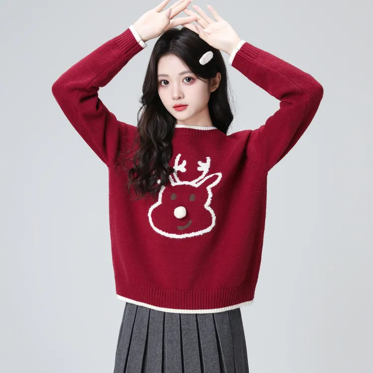 红色圆领套头毛衣女秋冬2025冬新款设计感内搭打底针织衫短款上衣