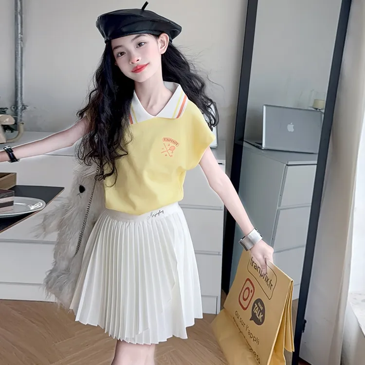 女童夏季短袖短裤运动套装2025新款女大童夏装POLO衫百褶裙两件套