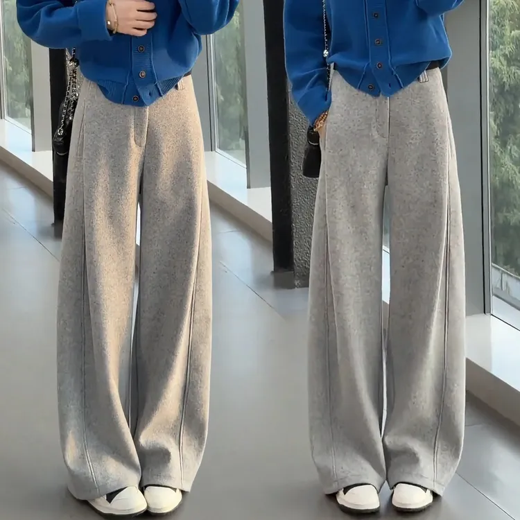 依梅儿超好看迷雾灰羊毛呢阔腿裤女2025秋冬季新款加绒加厚休闲弯