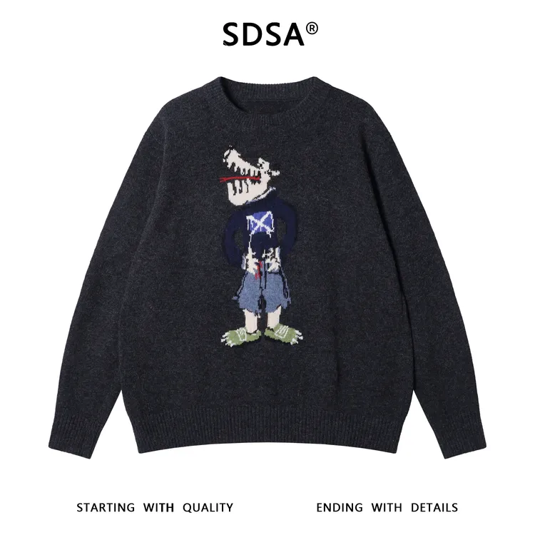 SDSA男士秋冬新款痞帅男装潮牌胸前卡通设计圆领毛衣百搭时尚上衣