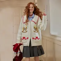 AsGony翻领撞色边缘装饰小马提花毛衣外套洋气减龄软糯拉链上衣